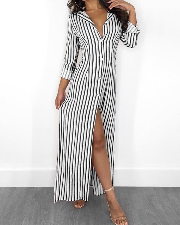 Stripes Long Sleeve Button Up Slit Maxi Shirt Dress Online. Discover