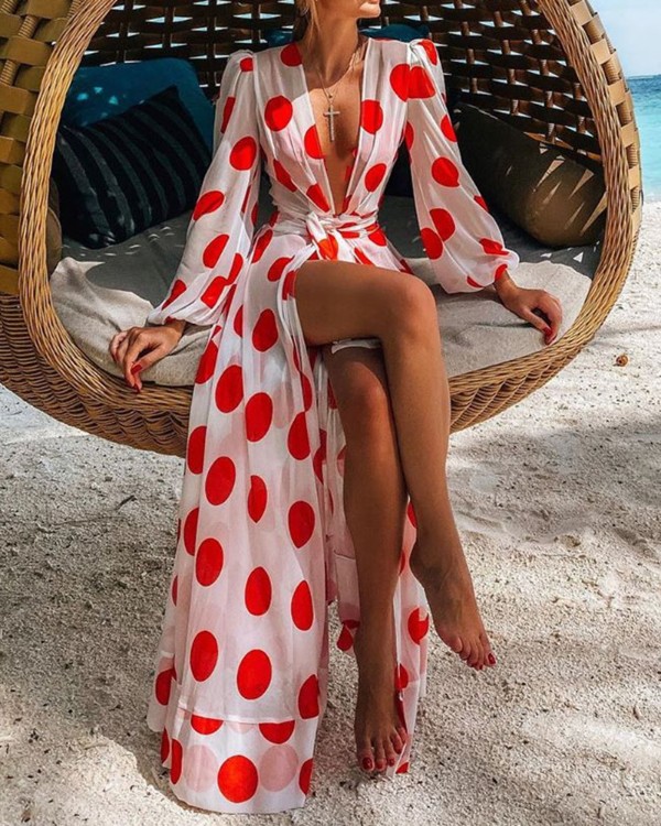 plunge polka dot dress