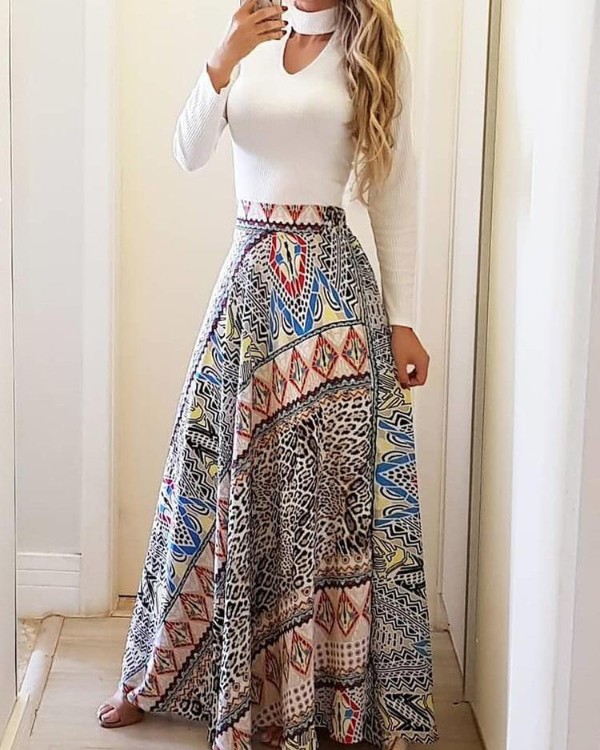 Ethnic Print High Waist Casual Skirt 