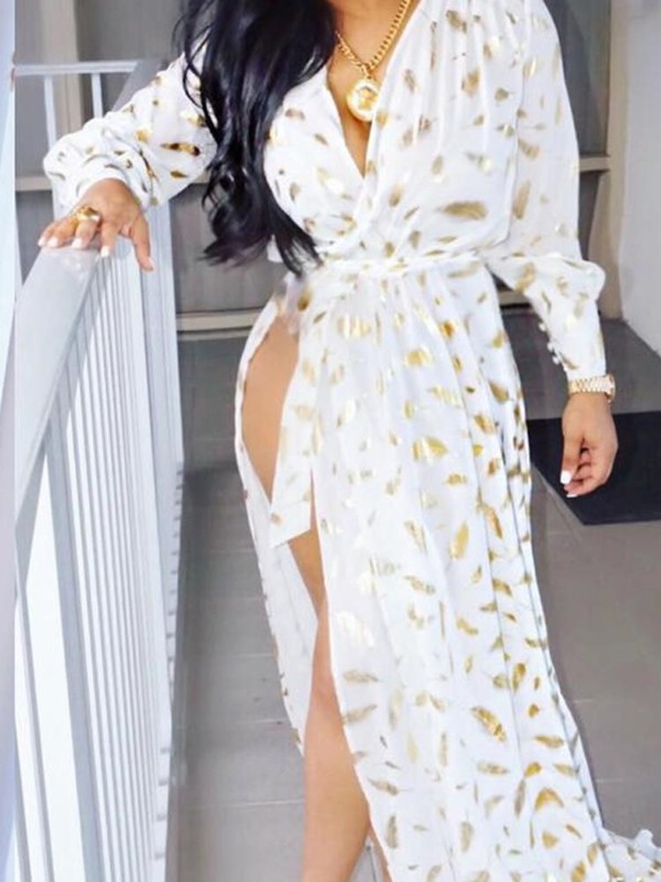 v neck long sleeve printed split casual dress