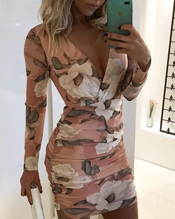 floral deep v long sleeve ruched bodycon dress