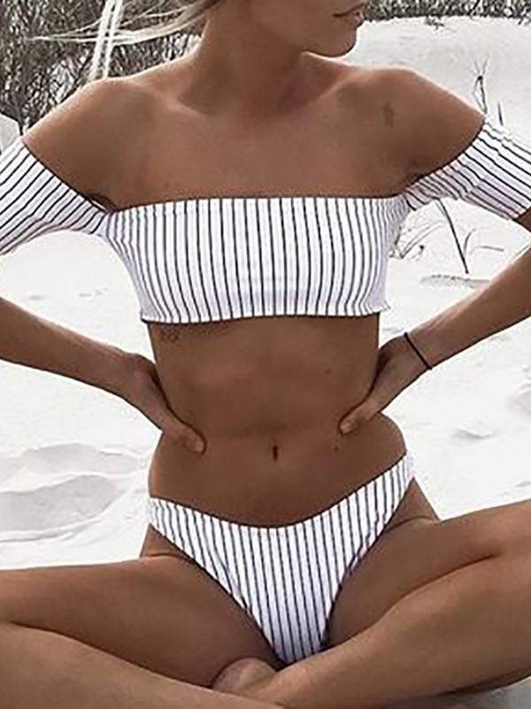 Sexy Off Shoulder Vertical Stripes Bikini Set Online. Discover hottest