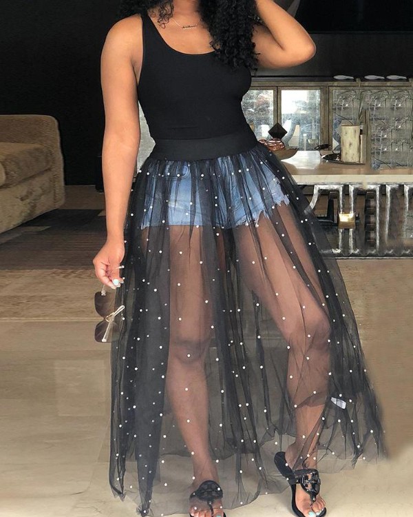 beading mesh splicing pleated maxi dress