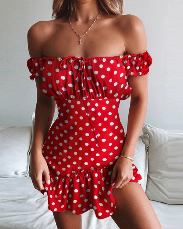 Off Shoulder Ruffles Dot Print Dress 