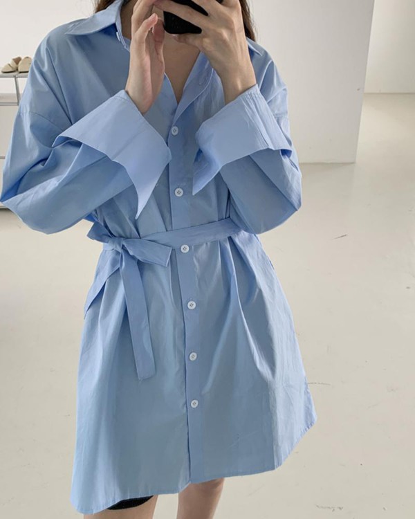 solid long sleeve tight waist buttoned shirt dress