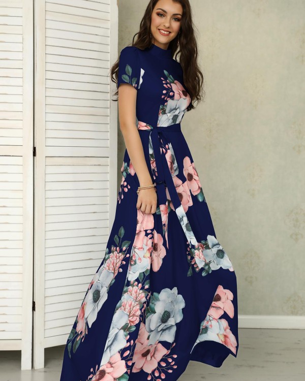 floral print short sleeve tie waist maxi dress