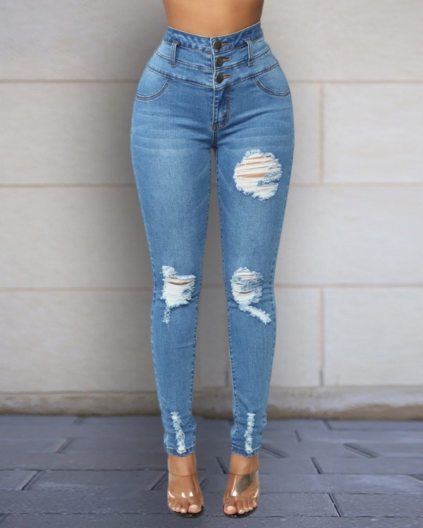 high waisted denim ripped jeans