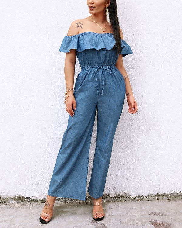 off shoulder jean jumpsuit