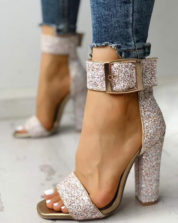 Stylish Sequin Open Toe Chunky Heeled 