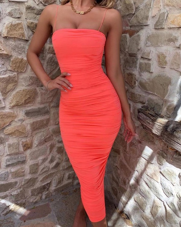 spaghetti strap ruched bodycon dress