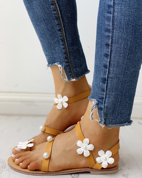 floral embellished toe ring casual sandals