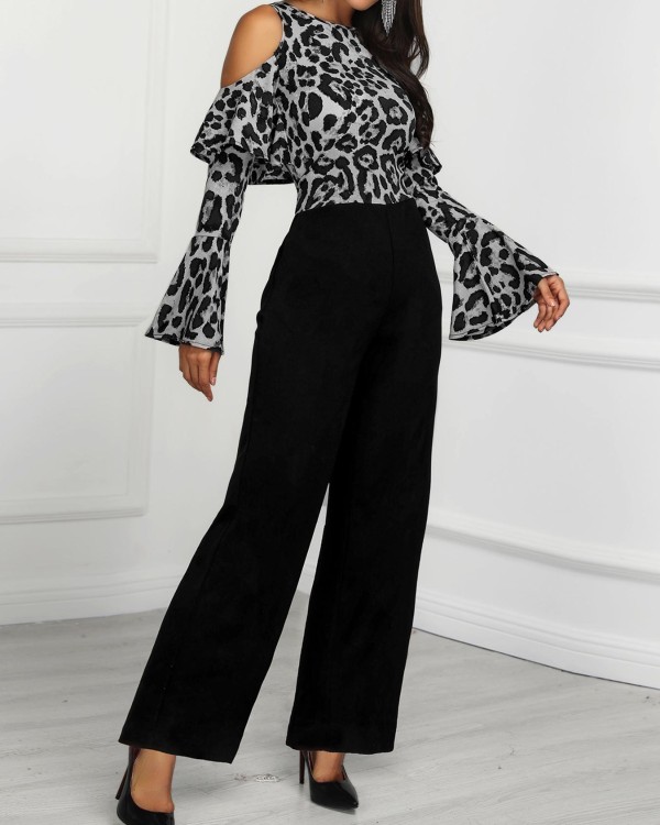 leopard print cold shoulder jumpsuit