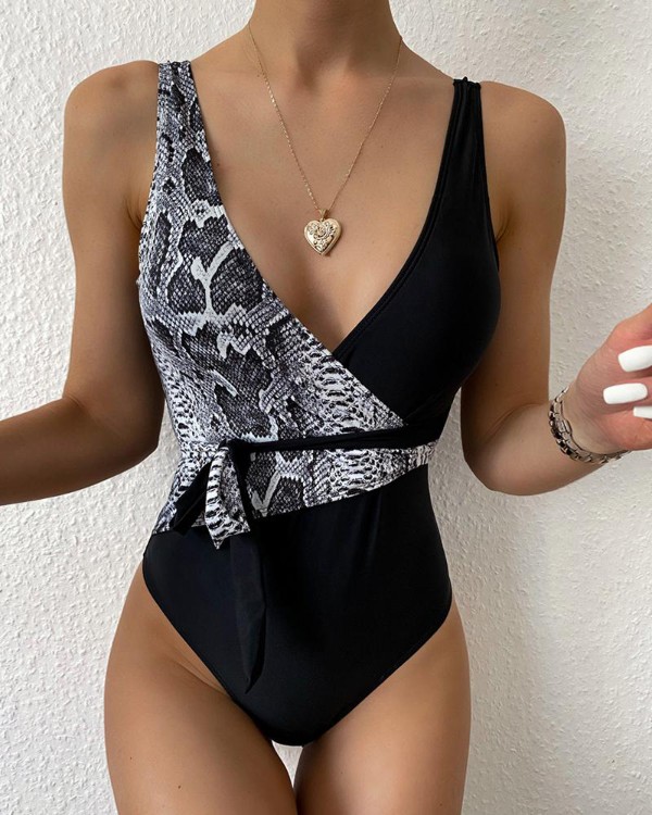 snakeskin print deep v plunge one piece swim
