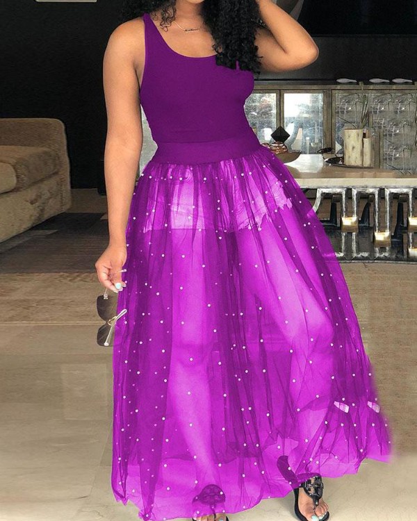 beading mesh splicing pleated maxi dress