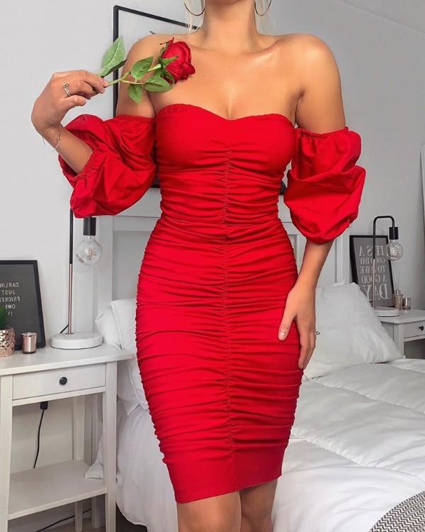 solid off shoulder short sleeve bodycon dress