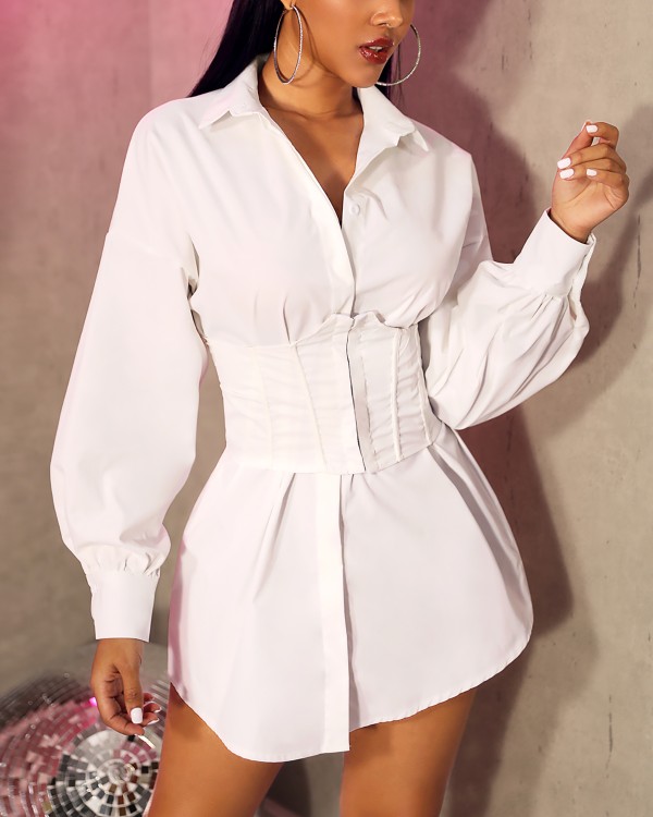 solid long sleeve tight waist buttoned shirt dress