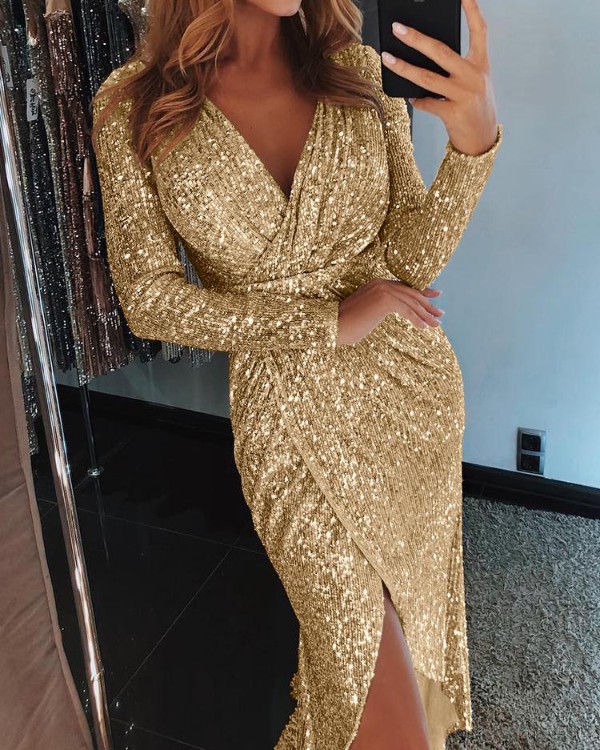 wrap ruched irregular sequin party dresses