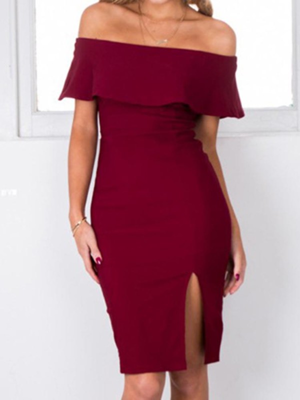 falbala cap sleeve split women's bodycon dress