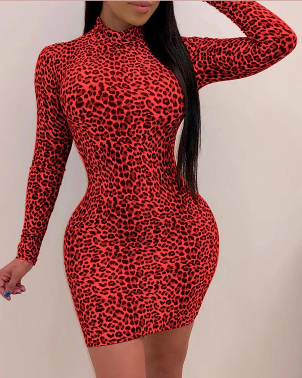 Leopard Long Sleeve Bodycon Dress 