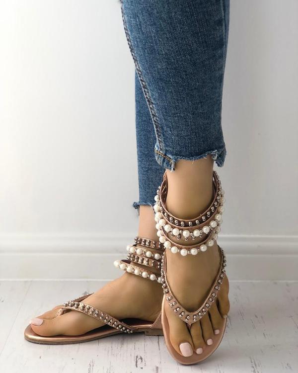 Stylish Beading Embellished Ankle Strap Flipflop Sandals Online