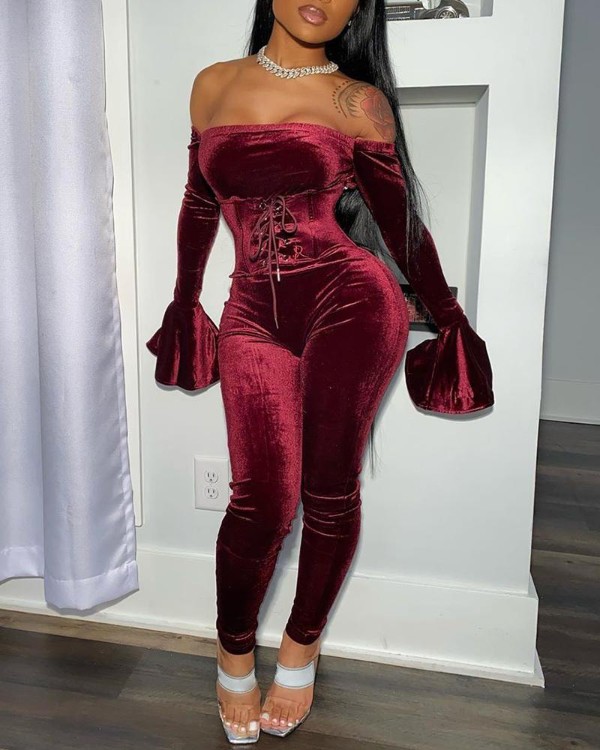 velour off shoulder jumpsuit