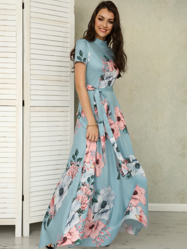 floral print short sleeve tie waist maxi dress