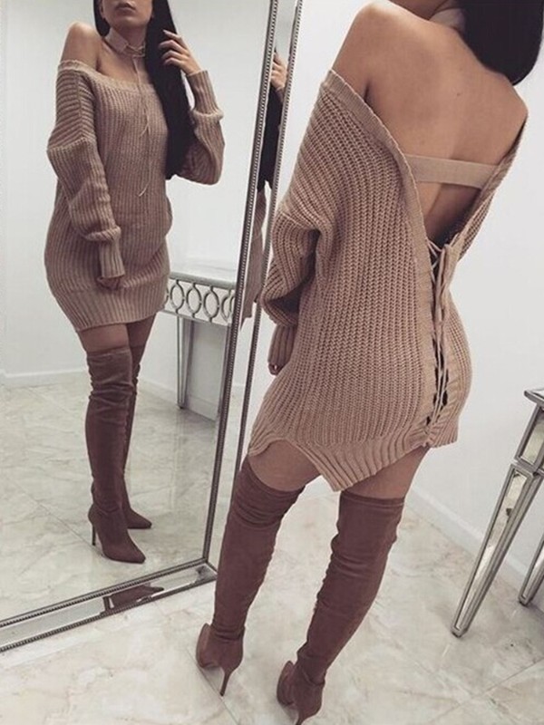 brown off the shoulder sweater dress