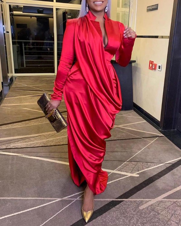 Solid Plunge Ruched Evening Dress 