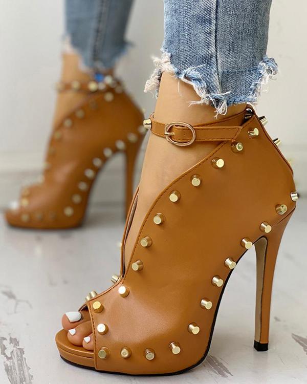 Rivet Embellished Hollow Out Buckle Peep Toe Pumps Online. Discover