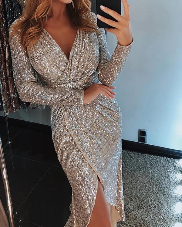 wrap ruched irregular sequin party dresses