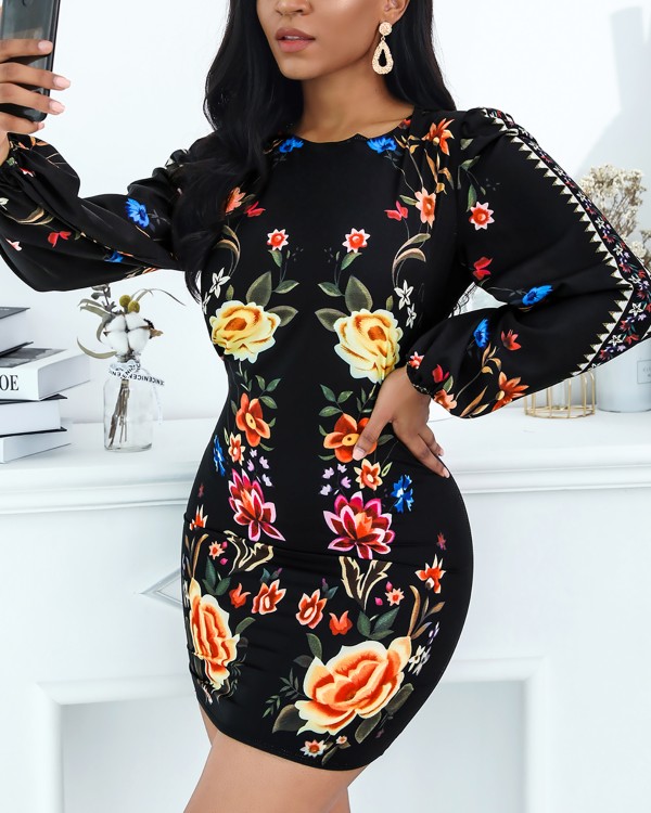cutout back bishop sleeve floral bodycon dress
