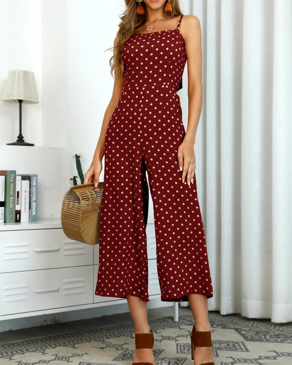 v neck open back dot slit jumpsuit