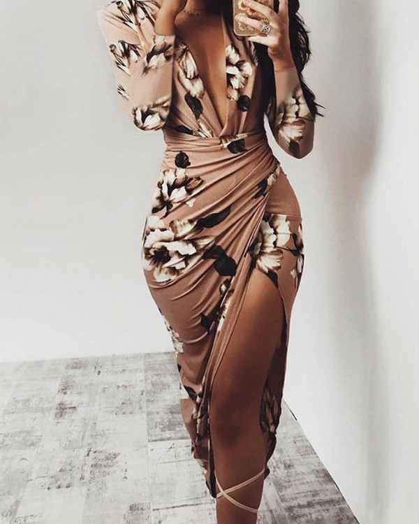 floral deep v long sleeve ruched bodycon dress