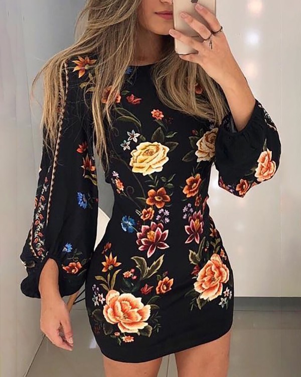 cutout back bishop sleeve floral bodycon dress