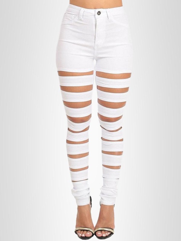 White Color Jeans For Women Destroyed Loose Holes Denim Harem Pants