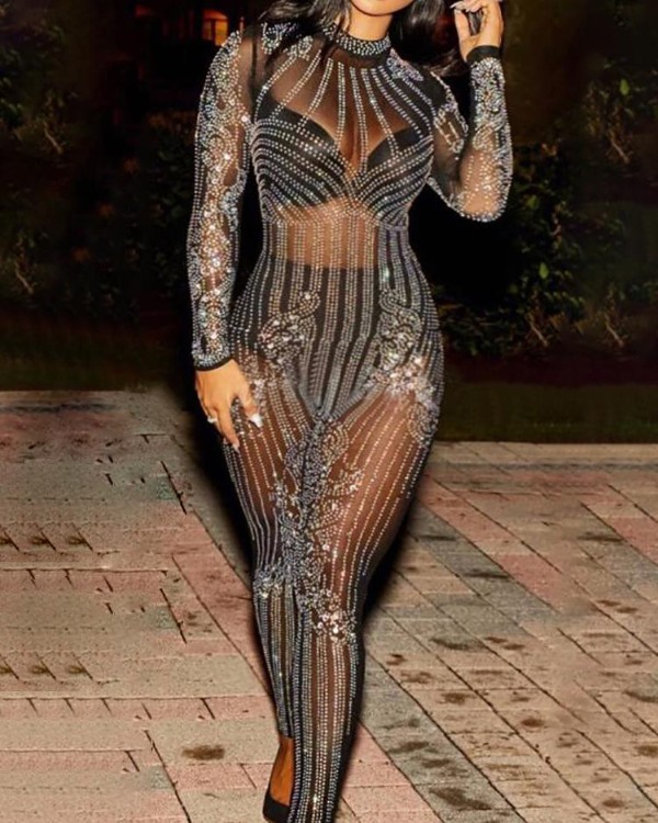 glittering embellished mesh skinny jumpsuit