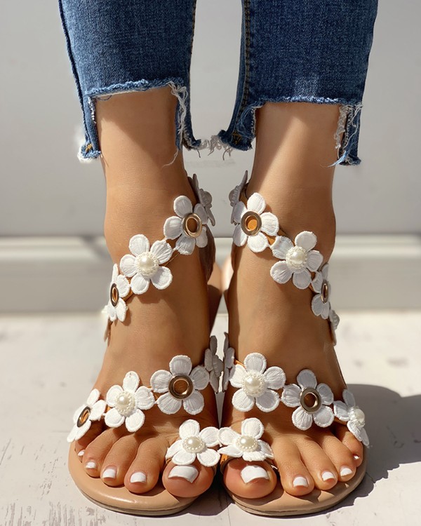 floral embellished toe ring casual sandals