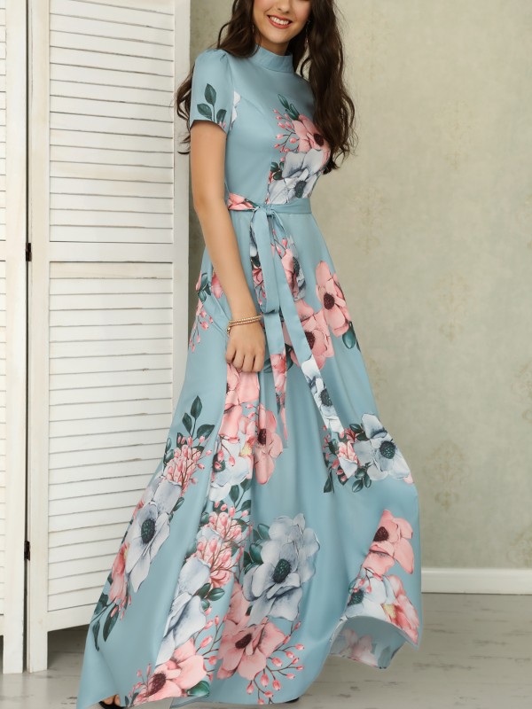 floral print short sleeve tie waist maxi dress