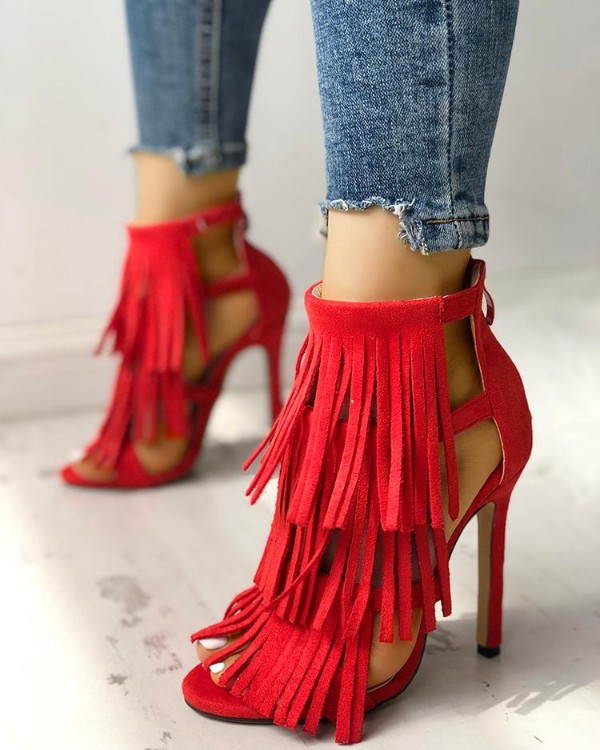 red fringe sandals tassels strappy heels