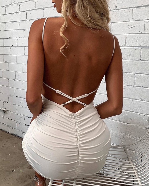 backless ruched bodycon dress