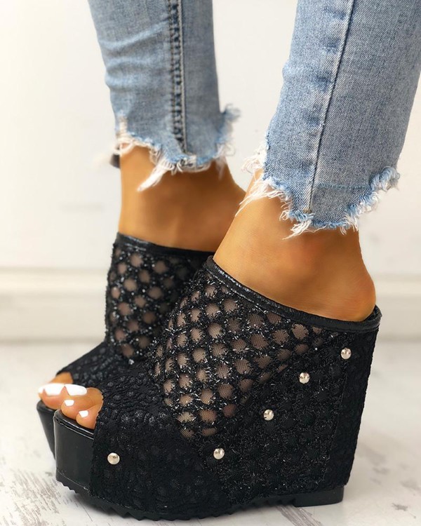 mesh hollow out platform wedge sandals