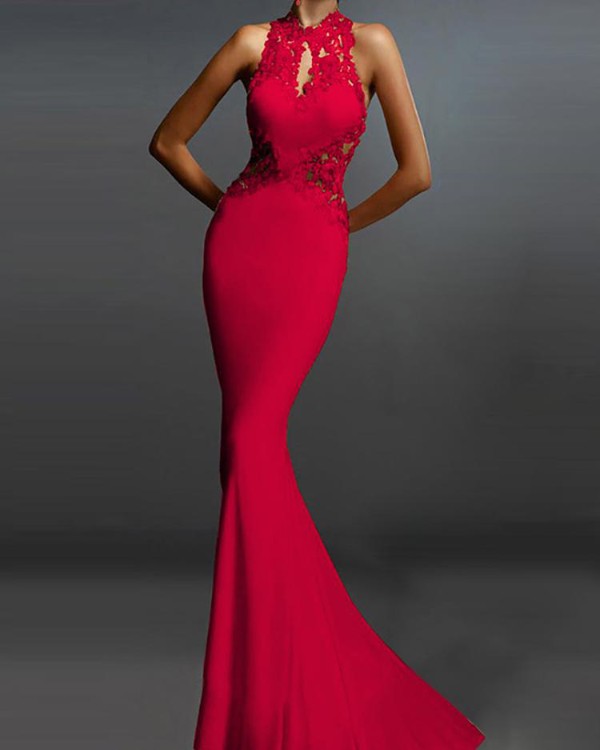 sexy red plain sleeveless evening dress