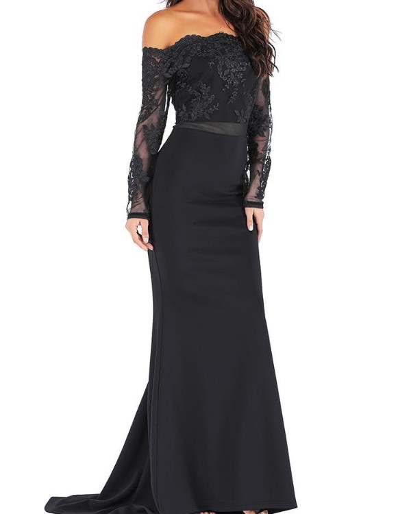 guipure lace splicing plunge high slit maxi dress