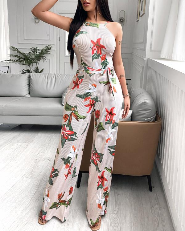 irregular flared sleeve knot side wide leg jumpsuit