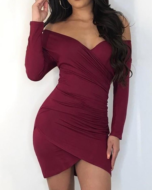 solid off shoulder short sleeve bodycon dress