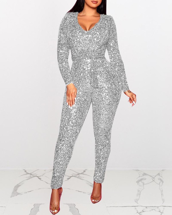 sequin v neck jumpsuit