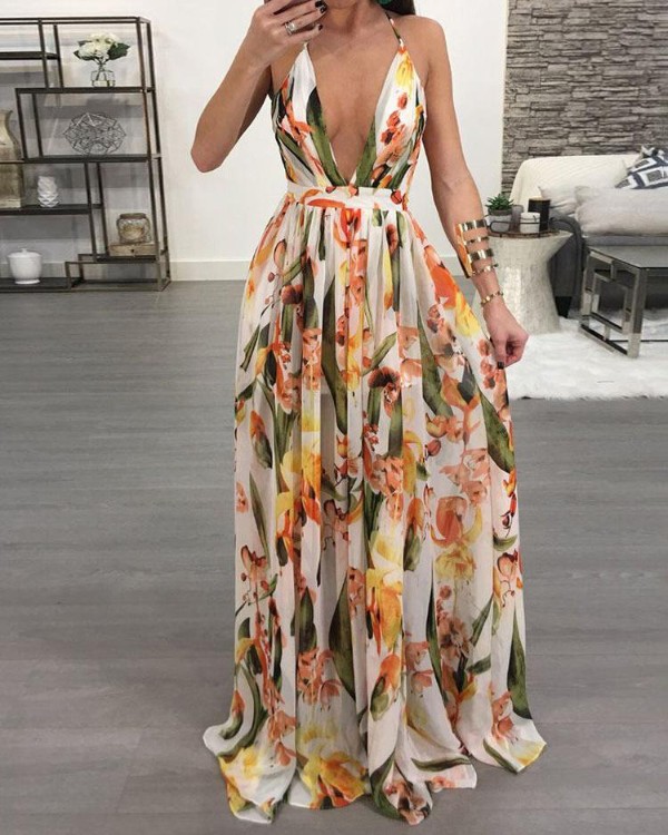 deep v neck floral maxi dress