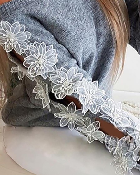 Floral Pattern Fluffy Cutout Long Sleeve Sweater