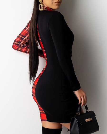 Grid Print Insert Drawstring Bodycon Dress