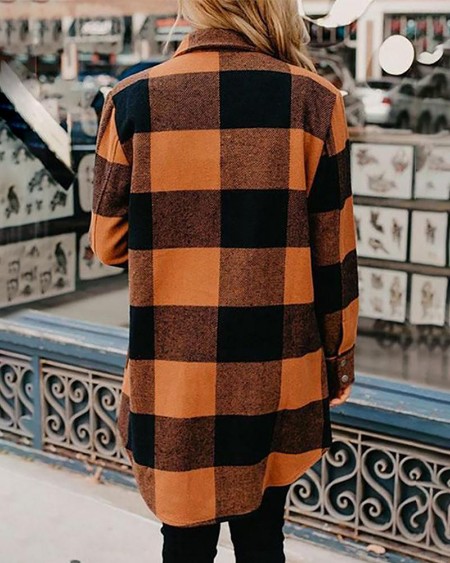 Plaid Print Button Design Colorblock Shirt